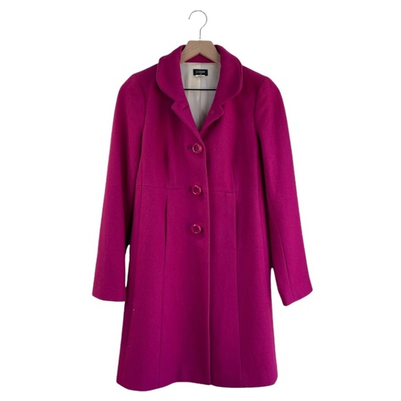 J Crew Wool Fuchsia Pink Button Up Collared Coat Jacket Long Winter Pea Coat 0